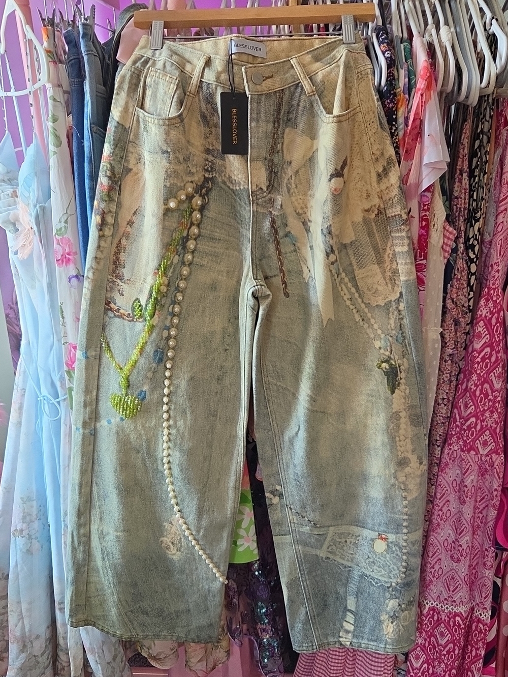 Light Washed Green Embellished Wide-Leg Jeans